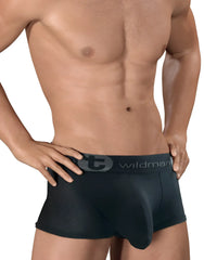 WildmanT Big Boy mesh pouch boxer brief in black with gray elastic waistband featuring the wildman logo