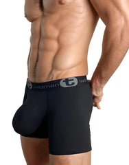 Black wildman boxer briefs with big boy pouch and gray waistband featuring wildman logo and 5 inch inseam