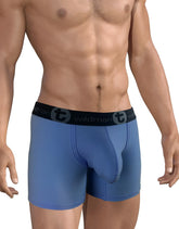 Dark blue wildmant big boy pouch 5 inch inseam boxer briefs with black waistband and circular t emblem