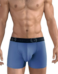 Wildmant big boy pouch dark blue boxer briefs with 5 inch inseam and black elastic waistband featuring wildman logo