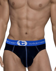 Black cotton big boy pouch briefs with blue elastic waistband and wildman brand logo in white lettering