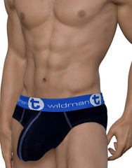 Black wildmant big boy pouch cotton briefs with blue waistband and white lettering