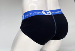Black cotton briefs with a blue waistband featuring wildman logo and white lettering wildmant big boy pouch