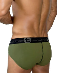 Olive green cotton men’s briefs with black elastic waistband featuring wildman brand logo big boy pouch design