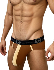 Brown and cream wildman big boy pouch cotton brief with central beige panel stripe for comfortable support