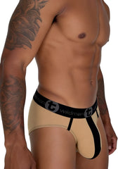 WildmanT big boy pouch cotton brief in beige and black with a bold tan central stripe