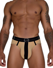 Beige and black wildman men’s cotton briefs with a central black stripe in tan wildmant big boy pouch design
