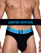 Black wildman big boy pouch cotton briefs with light blue elastic waistband and logo