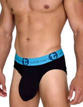 Black wildman big boy pouch cotton briefs with light blue waistband featuring t logo and brand name