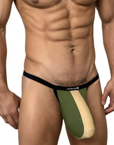Green and beige striped cotton micro thong with black waistband featuring wildman logo in army and tan colors