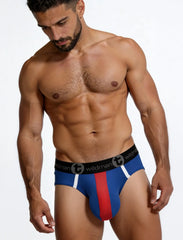 WildmanT big boy pouch mesh briefs in royal red blue with white stripes and black wildman branded waistband