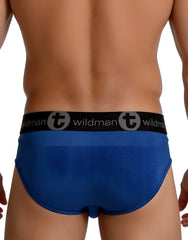 Blue wildman briefs with black waistband wildman logo and gray circular t emblem in wildmant big boy pouch mesh brief