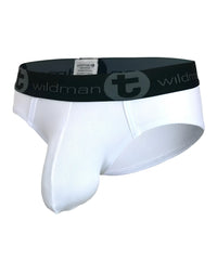 White mesh briefs with black elastic waistband featuring wildman logo in wildmant big boy pouch mesh brief white