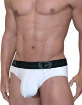 White wildmant big boy pouch mesh briefs with black elastic waistband featuring brand logo and circular emblem
