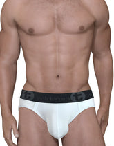 Wildmant big boy pouch mesh brief white with black elastic waistband featuring wildman logo and circular t emblem