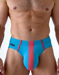 Wildmant big boy pouch modal briefs in bright blue and pink striped design with snug form-fitting fit