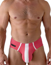 Pink and white striped wildmant big boy pouch modal briefs with black brand label on the waistband