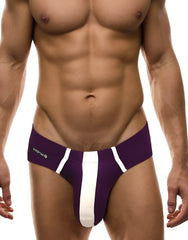 WildmanT big boy pouch modal briefs in purple and white with bold center stripe, snug fit, and branded waistband logo