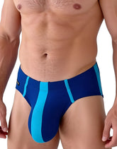 Wildmant big boy pouch modal briefs in royal blue and baby blue with blue and teal striped contoured swim trunks design