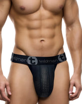 Black wildman big boy pouch jockstrap with perforated rubber cotton front and elastic wildman logo waistband