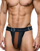 Black and brown mesh wildman big boy pouch rubber cotton jockstrap with branded waistband front view