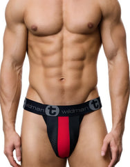 Black and red wildman athletic briefs with bold vertical stripe and branded waistband in rubber cotton material