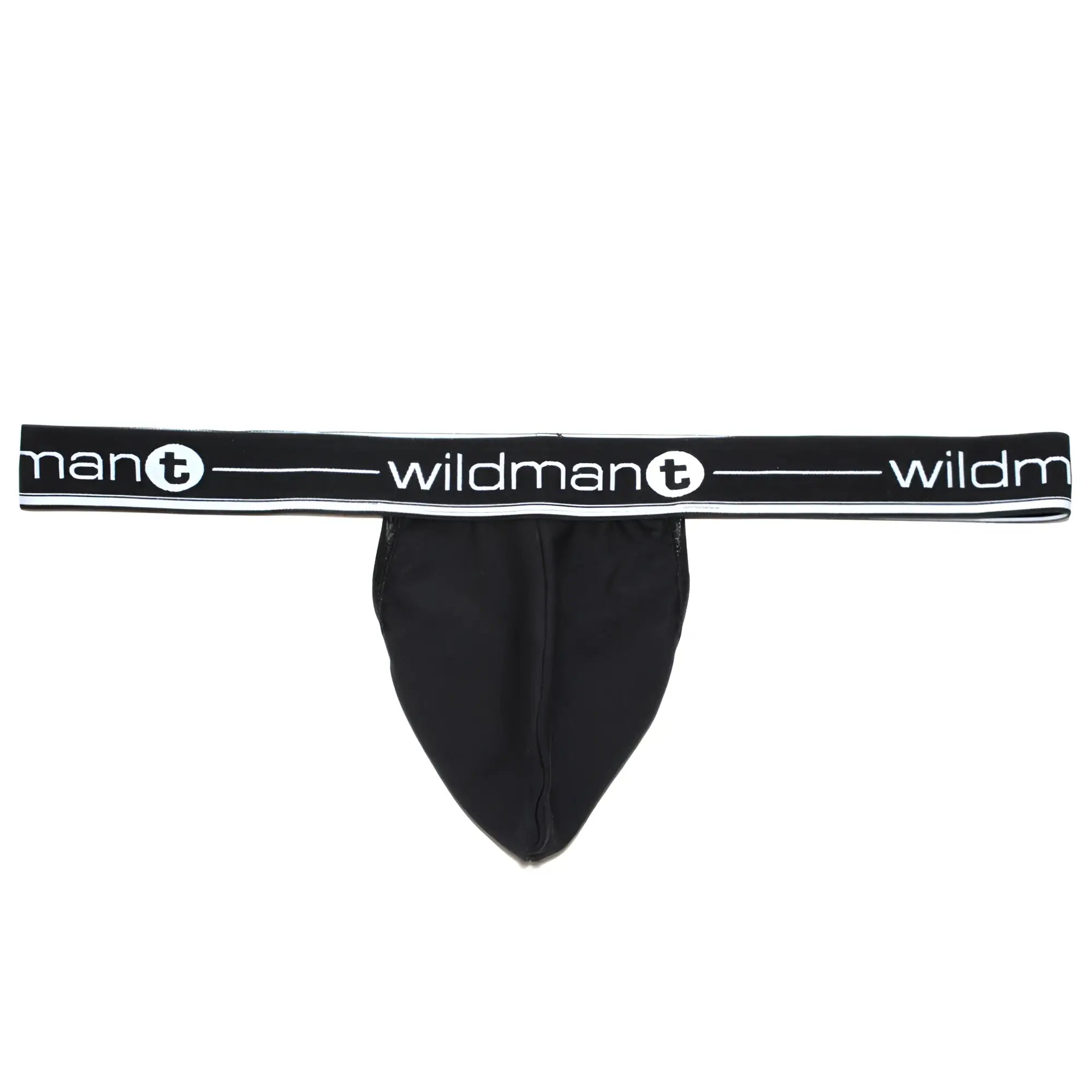 Black men’s thong with wide elastic waistband featuring wildman t logo in white from wildmant big boy pouch strapless jock black