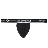 Black men’s thong with wide elastic waistband featuring wildman t logo in white from wildmant big boy pouch strapless jock black