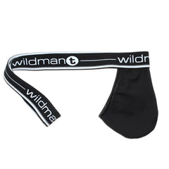 Black wildman t big boy strapless jock briefs with white lettering and trim in a front pouch design