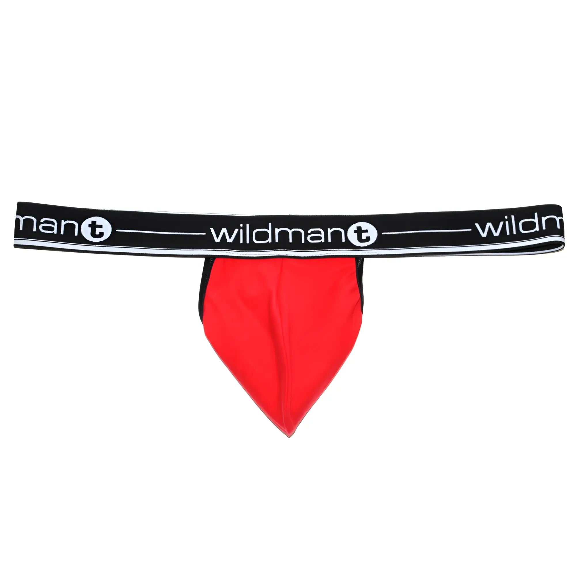 Red wildman t-shirt briefs with black elastic waistband and white branding from wildmant big boy pouch strapless jock red