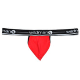 Red wildman t-shirt briefs with black elastic waistband and white branding from wildmant big boy pouch strapless jock red