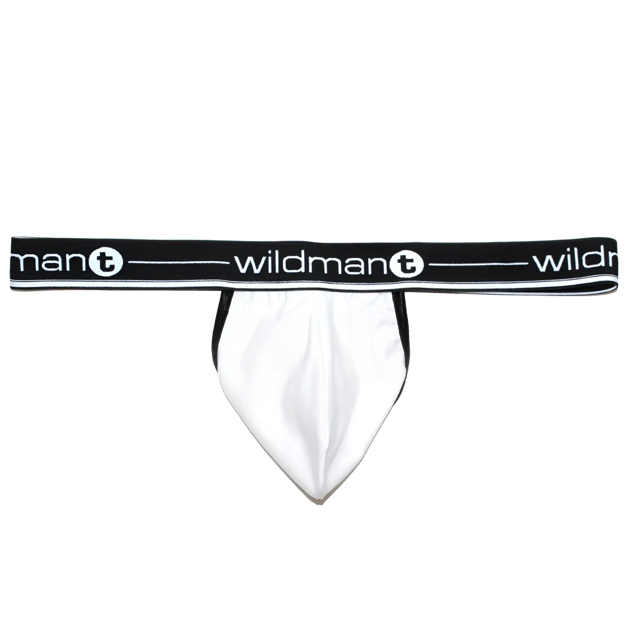 White wildman t briefs with black elastic waistband featuring wildman t logo in white lettering pouch strapless jock style