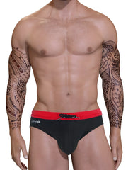 Black swim trunks with a red waistband and black drawstring from wildmant big boy pouch swim bikini red collection