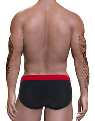 Wildmant big boy pouch swim bikini in black swim trunks with red waistband designed for beachwear
