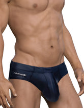 Navy blue satin-like wildman big boy pouch swim briefs with branded waistband for swimwear use