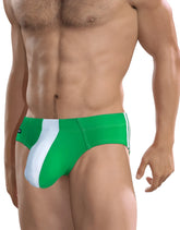 Wildmant big boy pouch swim brief green in athletic green and white with bold diagonal stripe design