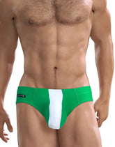 WildmanT big boy pouch swim brief in green with white stripes features a sleek, form-fitting design for swimming