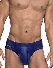 Royal blue glossy finish wildman men’s swim briefs with big boy pouch and sleek form-fitting design navy color