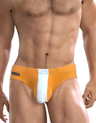 Wildmant big boy pouch swim brief in orange with white stripes and black brand tag on the waistband