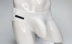 White translucent swim briefs with black wildman label on waistband designed for big boy pouch support