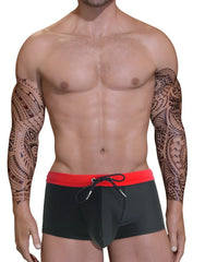 WildmanT big boy pouch swim square cut swim trunks in black with vibrant red waistband and adjustable drawstring
