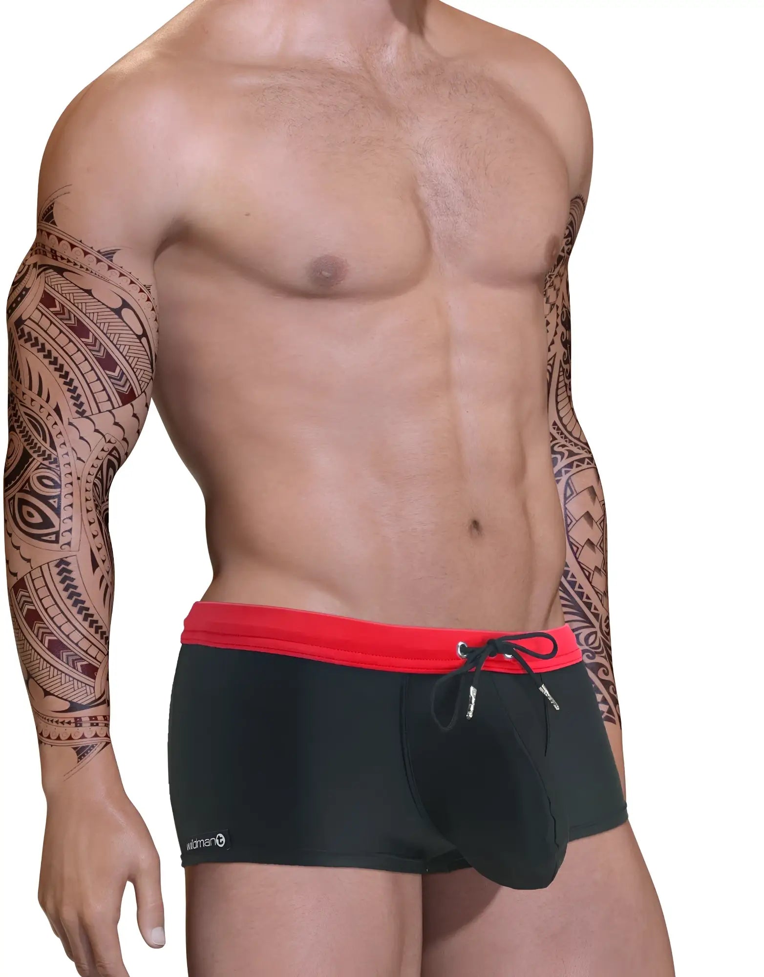Black wildmant big boy pouch swim square cut trunks with red waistband and drawstring for swimwear use