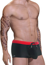 Black wildmant big boy pouch swim square cut trunks with red waistband and drawstring for swimwear use