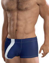 Wildmant big boy pouch swim square cut royal blue trunks with navy blue fabric bold white diagonal stripe and stitching