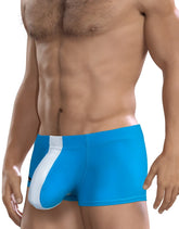Bright blue WildmanT Big Boy Pouch Swim briefs with a bold white diagonal stripe for athletic swimwear
