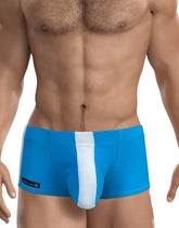 Wildmant big boy pouch swim square cut teal blue swim trunks with bold white stripe and black brand tag on left side