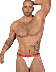 White athletic briefs with red waistband featuring wildman logo made of mesh in wildmant big boy strapless pouch design