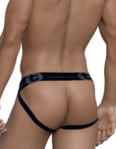 Wildmant cotton big boy pouch stripe jockstrap in red and black with a black thong featuring sleek design and gray logo detailing