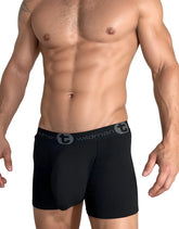 Black wildman cotton boxer briefs with 5 inch inseam and gray elastic waistband featuring brand logo