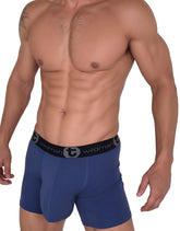 Dark blue wildman brand cotton boxer briefs with black elastic waistband featuring wildman logo and stylized t emblem